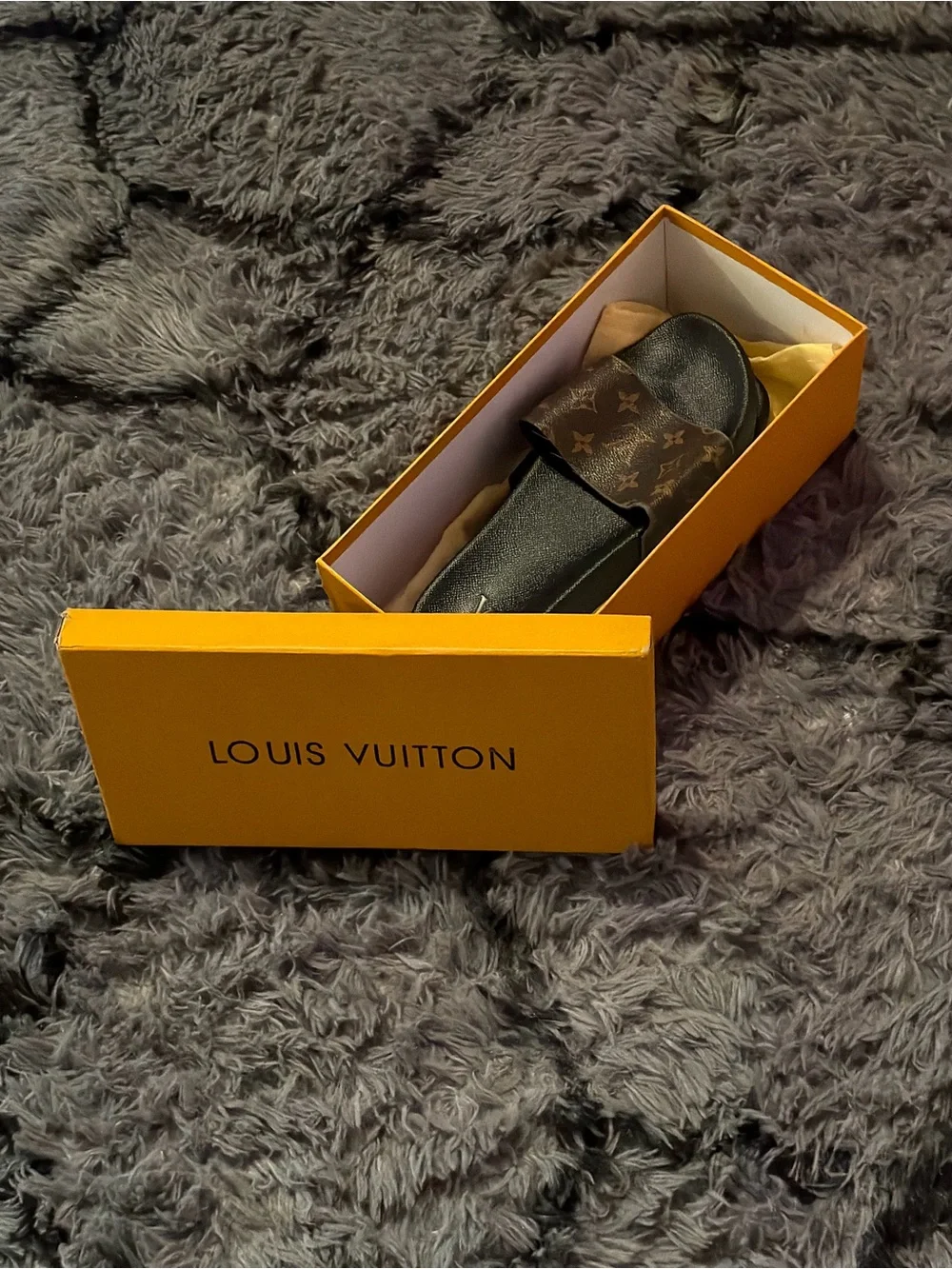 Louis Vuitton Monogram Slide Sandals in Brown and Black
